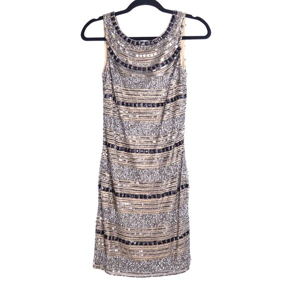 CACHÉ Y2K Sequin Beaded Mini Dress Sleeveless Illusion Stripe Cocktail Women's 0 - Picture 1 of 9